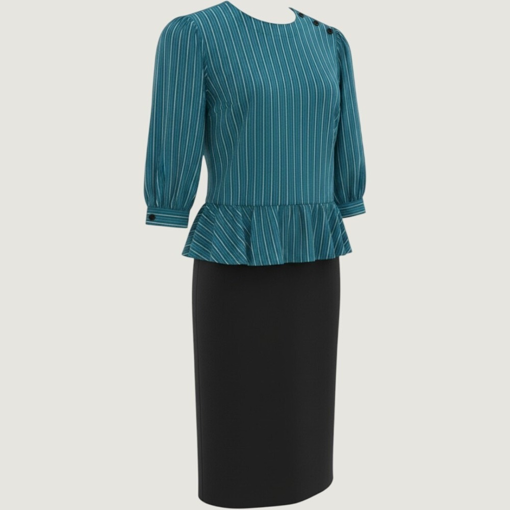 Vintage KR of NY Secretary Peplum Midi Dress Small Teal Stripe 80s Retro Work